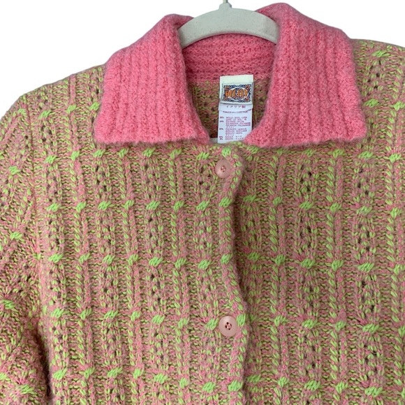 Vintage Oilily wool blend neon‎ pink/yellow cableknit cardigan sweater. Size S - Picture 5 of 12